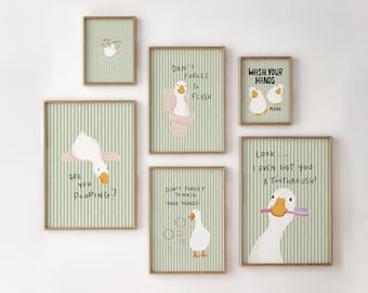 Bathroom Wall Art Set Of 6, Light Green Stripes Duck Nursery Quotes, Farmhouse Printable