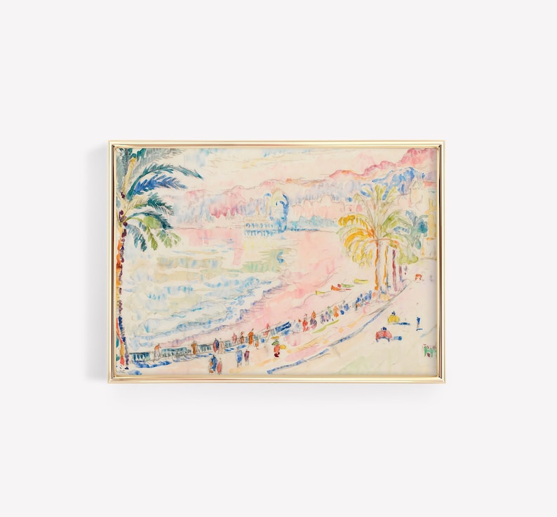 May include: Watercolor painting of a beach scene in a gold frame. The artwork depicts a coastal landscape with palm trees, a boardwalk, and figures. The color palette includes pinks, blues, and yellows, creating a soft, impressionistic feel.