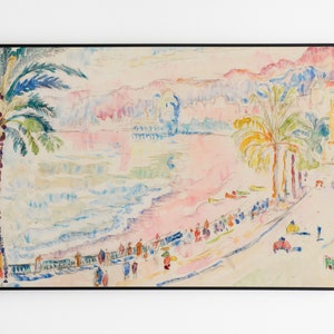 May include: Watercolor painting of a coastal scene with palm trees, a beach, and figures. The artwork features a black frame and a palette of soft pinks, blues, and greens, evoking a serene, sunny day. The style is reminiscent of impressionistic art.