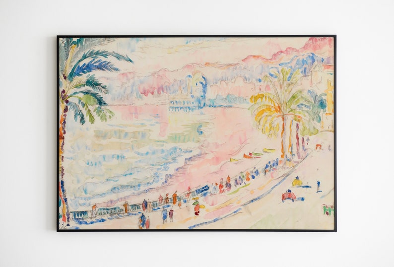 May include: Watercolor painting of a coastal scene with palm trees, a beach, and figures. The artwork features a black frame and a palette of soft pinks, blues, and greens, evoking a serene, sunny day. The style is reminiscent of impressionistic art.