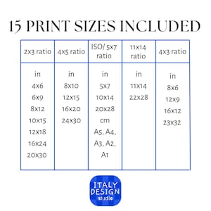 May include: A chart titled 15 PRINT SIZES INCLUDED displays various aspect ratios and dimensions in inches, including 2x3, 4x5, ISO/5x7, 11x14, and 4x3 ratios with specific measurements like 4x6, 8x10, 5x7, 11x14, and 8x6. A blue logo reads ITALY DESIGN studio.