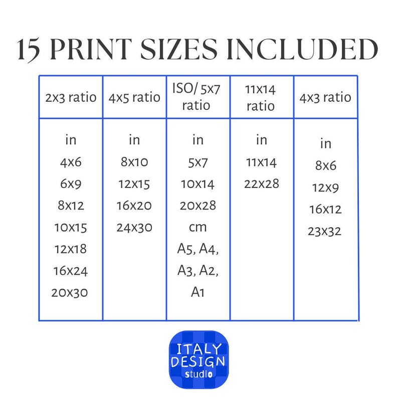 May include: A chart titled 15 PRINT SIZES INCLUDED displays various aspect ratios and dimensions in inches, including 2x3, 4x5, ISO/5x7, 11x14, and 4x3 ratios with specific measurements like 4x6, 8x10, 5x7, 11x14, and 8x6. A blue logo reads ITALY DESIGN studio.