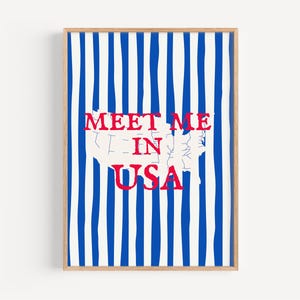 Treffen Sie mich in den USA Digitale Wandkunst - Buntstiftendes druckbares Poster, rot, weiß und blau Kartendekor, Reisedruck, modernes minimalistisches Streifendesign