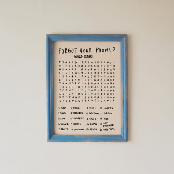 Bathroom Word Search Print, Forgot Your Phone Sign, Funny Guest Bath Wall Art