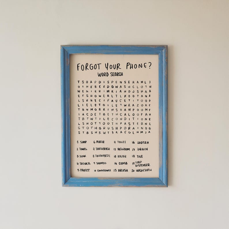 Bathroom Word Search Print, Forgot Your Phone Sign, Funny Guest Bath Wall Art image 1