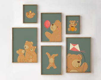 Set di 6 decorazioni per la cameretta dei bambini con orsetto verde salvia: decorazioni vintage per la cameretta dei bambini, decorazioni per il bagno dei neonati
