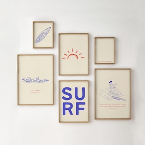 Láminas de arte de pared de Surf Gallery: Decoración playera retro (juego de 6) (Descarga digital)