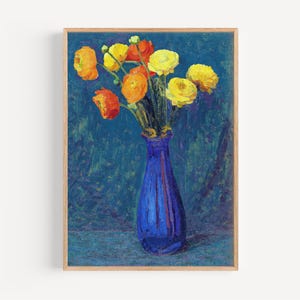 Floral Wall Art Print - Bright Flower Bouquet in Blue Vase, Colorful Digital Art, Modern Home Decor, Printable Wall Art for Living Room