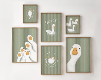 Green Stripes Goose Nursery Wall Art, Duck Gallery Set, Farmhouse Digital Download