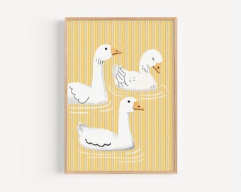 Goose Nursery Print: Yellow Stripes, Farm Animal Art (Digital Download)