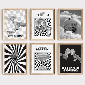 Gallery Wall Art Set Of 6 Prints, Bar Cart Decor, Bar Cart Accessories, Bar Cart Print, Bar Art, Bar Prints, Black And White Bar Decor