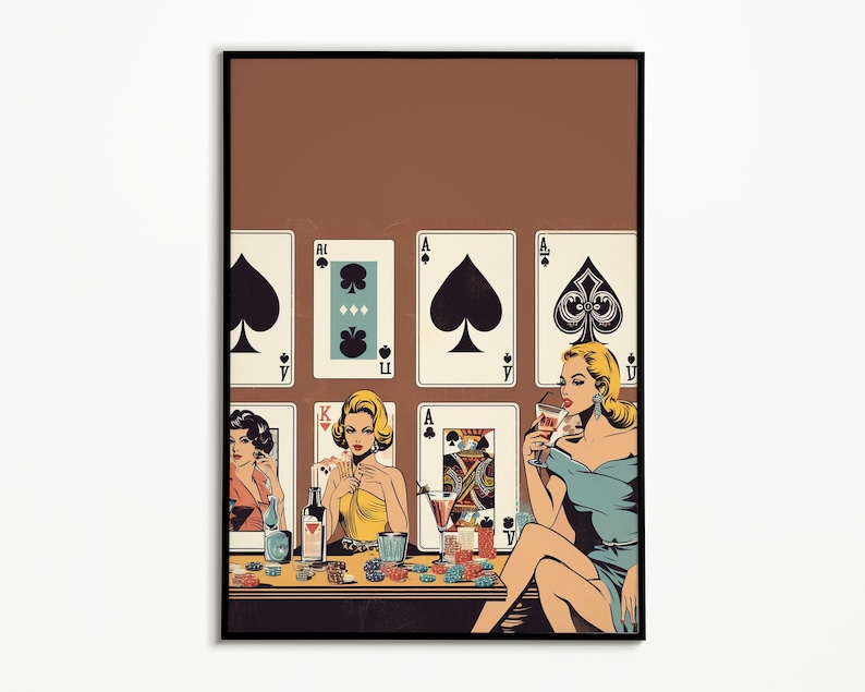 Women Poker Night Cards & Drinks Playing Cards Wall Print Retro Digital Download Print Large Printable Art Downloadable Prints image 10