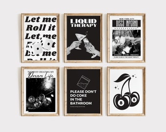 Gallery Wall Art Set Of 6 Prints, Black And White Bar Decor, Bar Cart Accessories, Trendy Retro 8 Ball Print, Modern kitchen Decor, Vintage