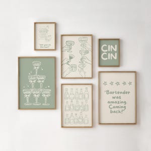 Saliegroene barwagen muurkunst set van 6 | Retro keukendecoratie | Trendy saliekunstafdrukken | Galerijwand barwagen | Digitale download printables