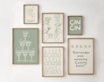 Sage Green Bar Cart Art Prints: Retro Kitchen Gallery Wall (Digital Download)