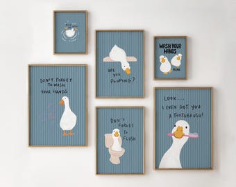 Bathroom Wall Art Set Of 6, Dark Blue Stripes Duck Nursery Quotes, Farmhouse Printable