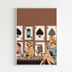 Women Poker Night Cards & Drinks Playing Cards Wall Print Retro Digital Download Print Large Printable Art Downloadable Prints image 2