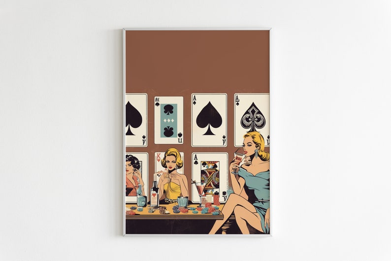 Women Poker Night Cards & Drinks Playing Cards Wall Print Retro Digital Download Print Large Printable Art Downloadable Prints image 2