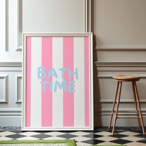 Bath Time Digital Wall Art - Pink & Blue Striped Print, Instant ...
