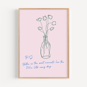 Impresión floral minimalista con frase "Dolce Vita", jarrón sencillo para pared de baño, decoración relajante, póster tipográfico inspirador
