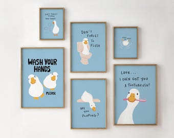 Blue Bathroom Wall Art Set, Funny Duck Nursery Prints, Digital Download