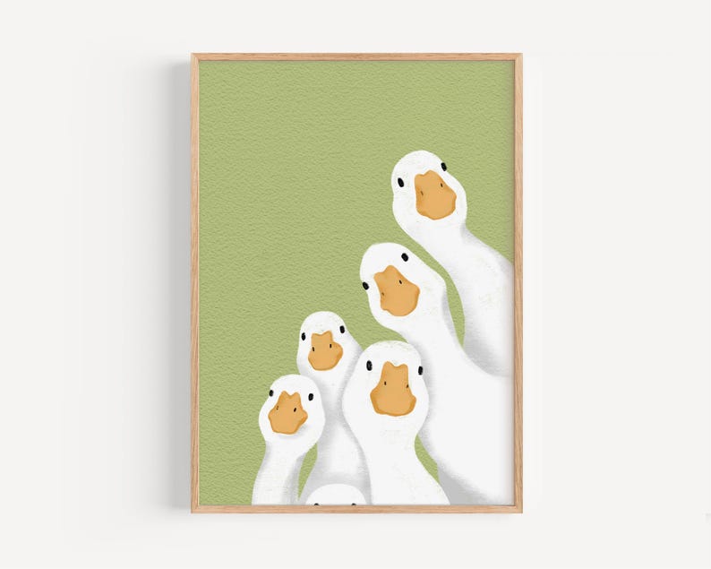 Puede incluir: Una ilustraci&oacute;n digital de cinco patos blancos con picos y patas naranjas, mirando al espectador. Los patos est&aacute;n dispuestos en forma de pir&aacute;mide, con el pato m&aacute;s grande en la parte superior y el pato m&aacute;s peque&ntilde;o en la parte inferior. El fondo es de color verde claro.