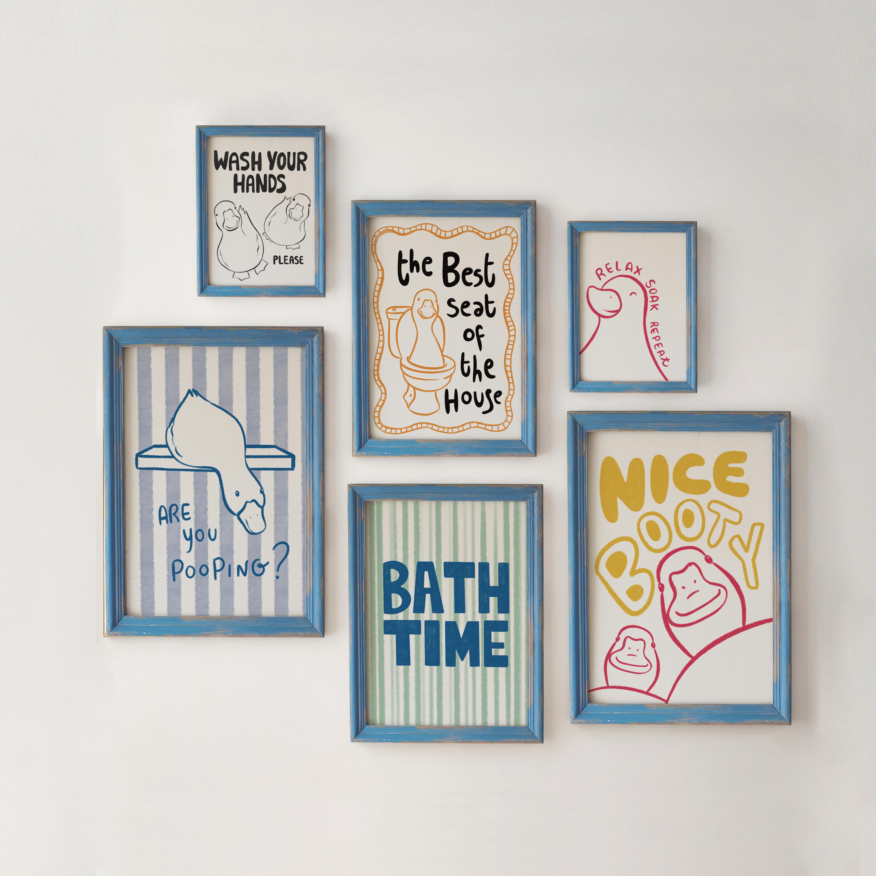 Bathroom Wall Art Set of 6, Funny Duck Bathroom Prints, Contemporary ...