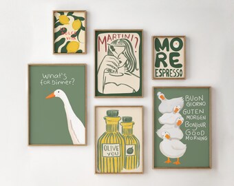 Kitchen Wall Art Set of 6, Goose Lemon Espresso Martini Printable Vintage Cafe Posters