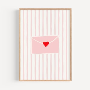 Arte de pared imprimible con carta de amor romántica / Sobre de rayas rosas con decoración de corazón / Descarga instantánea para regalo de San Valentín y decoración del hogar