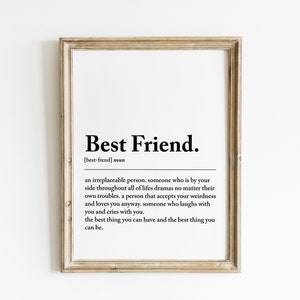 Könnte beinhalten: Eine schwarz-weiße druckbare Definition des Wortes "Bester Freund". Die Definition lautet: "Eine unersetzliche Person, jemand, der in allen Dramen des Lebens an deiner Seite ist, egal welche Probleme er selbst hat, eine Person, die deine Eigenarten akzeptiert und dich trotzdem liebt, jemand, der mit dir lacht und mit dir weint. Das Beste, was du haben kannst und das Beste, was du sein kannst."