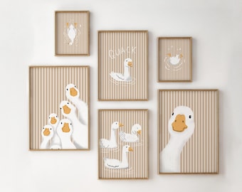 Goose Nursery Printable Set of 6, Neutral Stripes Duck Wall Ar, Kids Room Decor