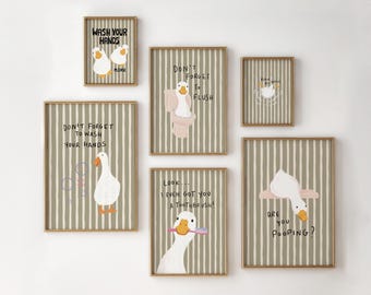 Bathroom Wall Art Set Of 6, Sage Green Stripes Duck Nursery Quotes, Farmhouse Printable