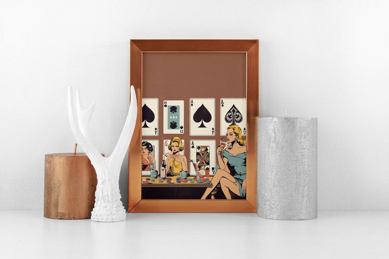 Women Poker Night Cards & Drinks Playing Cards Wall Print Retro Digital Download Print Large Printable Art Downloadable Prints image 4