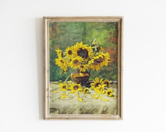 PRINTABLE Sunflower Painting | Vintage Botanical Print | Farmhouse Decor Digital | Sunflower Decor | Sunflower Wall Decor | Digital Download