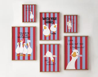 Funny Duck Bathroom Wall Art Set of 6, Red Blue Striped Decor, Digital Download