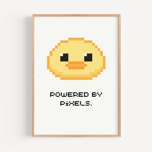 Powered by Pixels Poster - Cute Pixel Art Duck Print for Gamers, Playroom, or Kids Room - Fun Retro Gaming Wall Art Gift for Pixel Lovers