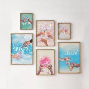Barwagenafdrukken - 6 PRINTABLES - Meertalige Cheers Wall Art voor moderne ruimtes - Toast voor eetkamer en woonkamerinrichting - Cocktailcadeau