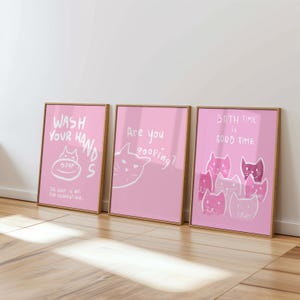 Lustige rosa Katze Badezimmer Wand Kunst 3er-Set - Cute Bath Time, Wash Your Hands, Are You Pooping? Poster - Verspieltes Wohnkultur - Geschenk für Katzenliebhaber