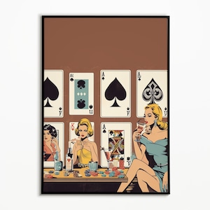 Women Poker Night Cards & Drinks Playing Cards Wall Print Retro Digital Download Print Large Printable Art Downloadable Prints image 6