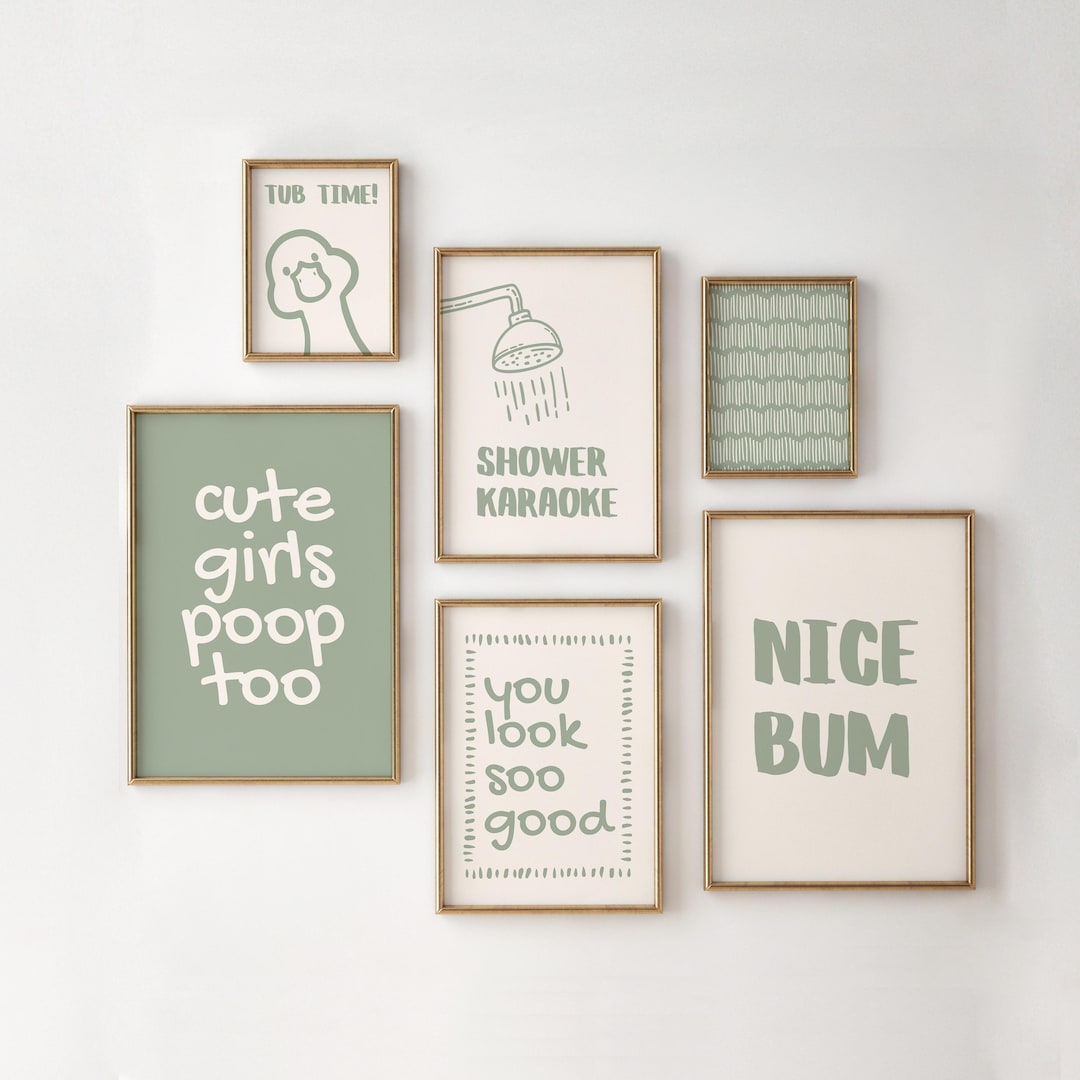 Modern Sage Green Bathroom Wall Art Set of 6 Prints | Funny Minimalist ...