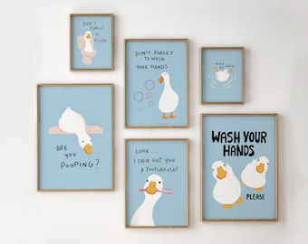 Blue Bathroom Wall Art Set Of 6, Funny Duck Bathroom Decor, Digital Download