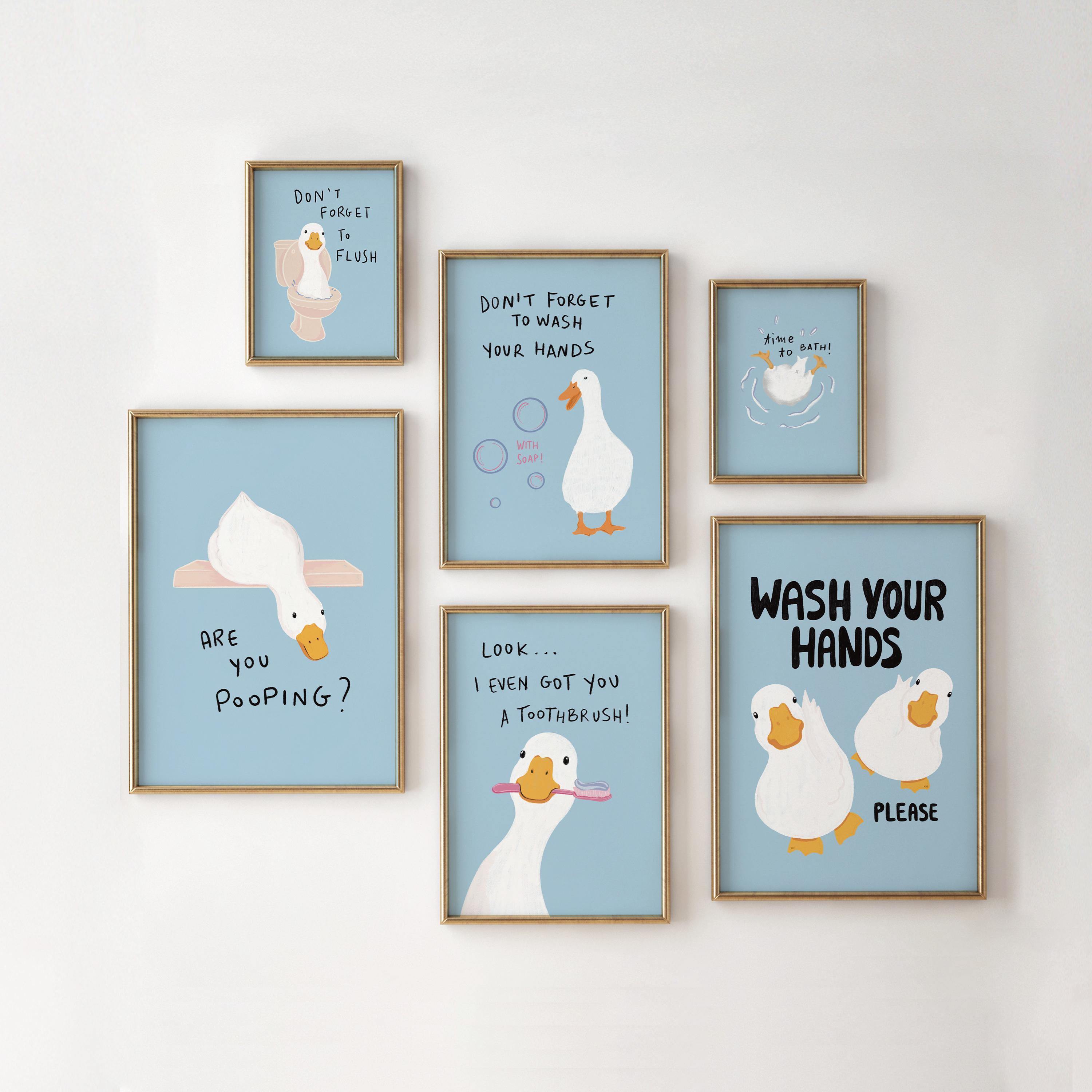 Blue Bathroom Wall Art Set of 6, Funny Duck Bathroom Decor, Digital ...
