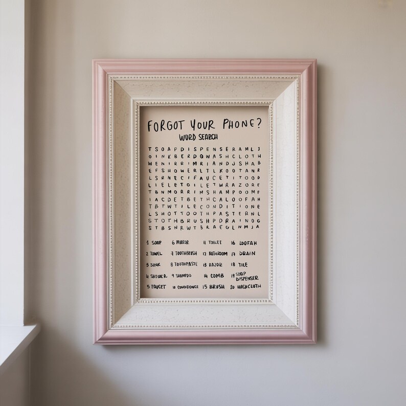 Bathroom Word Search Print, Forgot Your Phone Sign, Funny Guest Bath Wall Art image 3