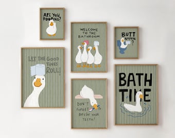 Funny Goose Bathroom Print Set, Green Stripes Six Printable Vintage Posters  Quirky Bathroom Decor