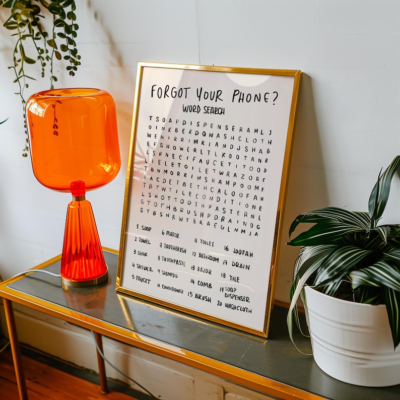 Bathroom Word Search Print, Forgot Your Phone Sign, Funny Guest Bath Wall Art image 4