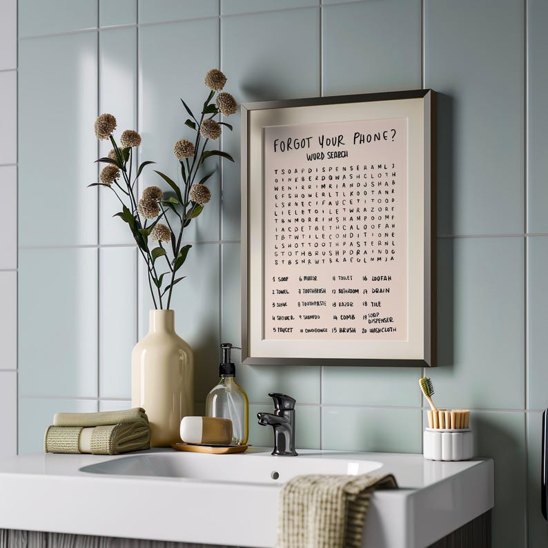 Bathroom Word Search Print, Forgot Your Phone Sign, Funny Guest Bath Wall Art image 6