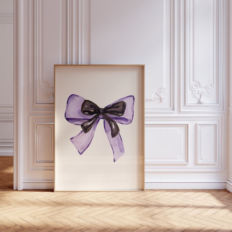 purple bow art poster, coquette room decor, purple girly wall art, balletcore digital print, aesthetic decor, digital print image 1