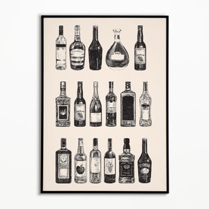 bar cart vintage liquor bottles art print | printable bar wall art | bar art gallery wall prints |  black & white decor | home bar wall art