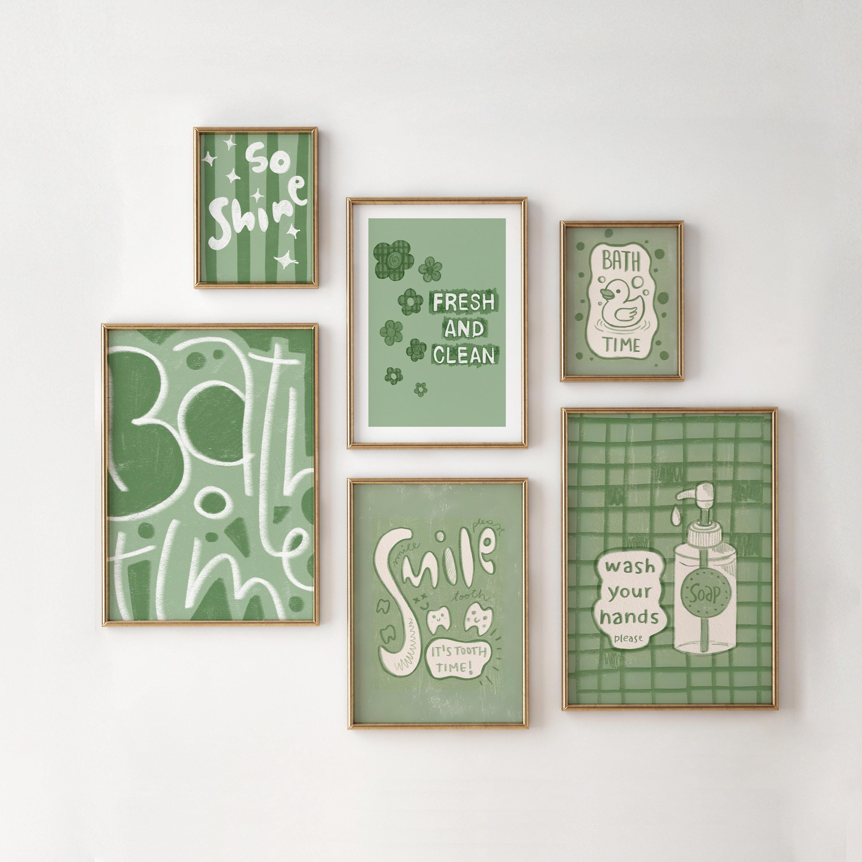 Sage Green Bathroom Wall Art Printable Bundle of 6 | Retro Funny Bath Time Decor | Wash Your Hands & Smile Prints | Instant Digital Download