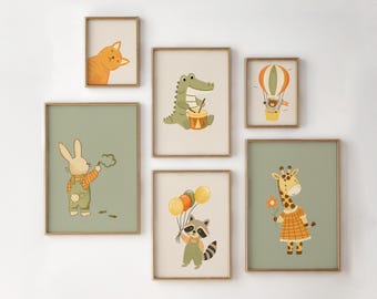 Nursery Animal Wall Art Set Of 6, Printable Raccoon Bear Crocodile Cat Bunny Posters